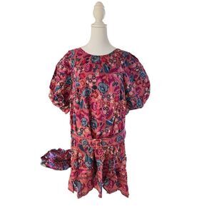 Farm Rio Women's Pink Birds Blush Floral Puff Sleeve Mini Dress Size Large NWT